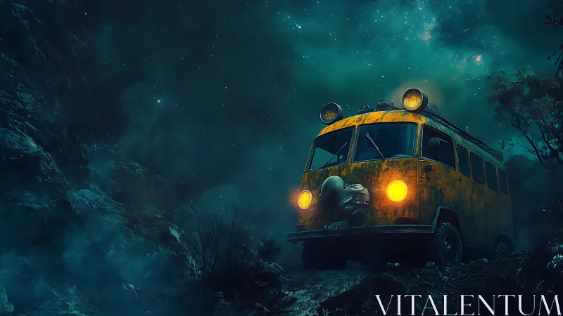 Rustic yellow van on rocky night road under starry sky.