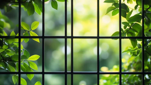 Gridded garden daydream with sunlit leaves at the window.