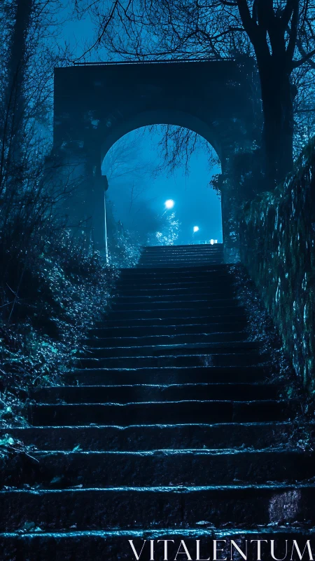 Moonlit stone stairway vanishing into electric blue fog.