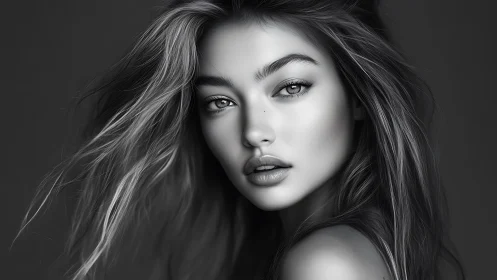 Monochrome portrait of woman with windswept flowing hair.