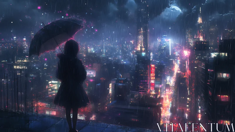 Backlit silhouette observes neon rain-soaked cyberpunk megacity skyline