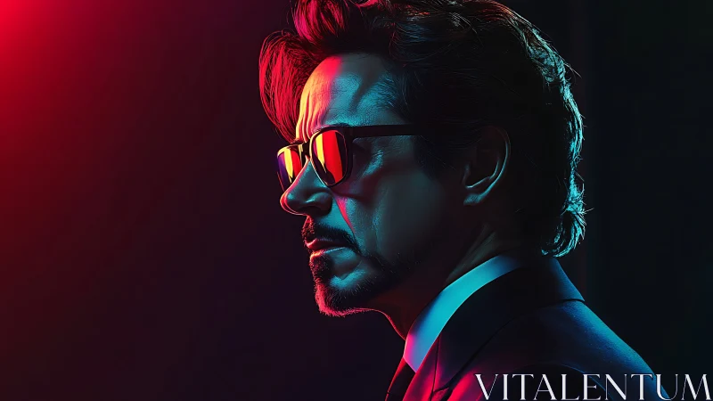 Neon-lit profile of cool suited man in reflective shades.