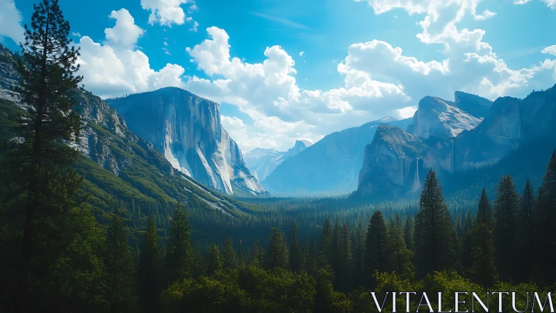 Mountain valley with pine forest under bright blue sky.