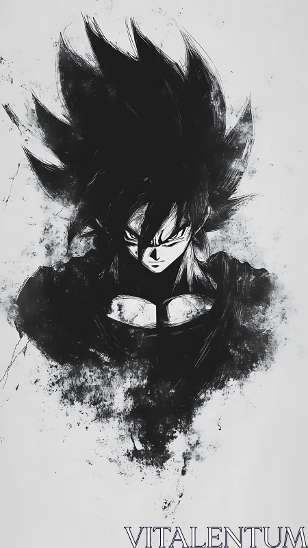 Monochrome anime warrior in explosive ink dispersion field.