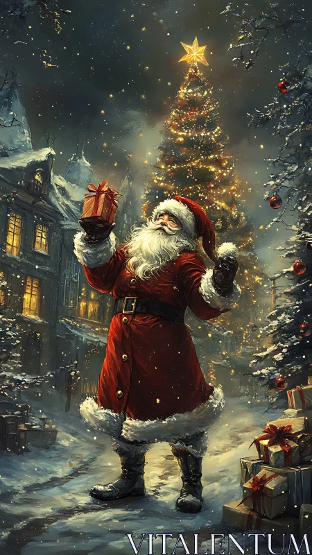 Santa in red coat stands under illuminated Christmas tree at night