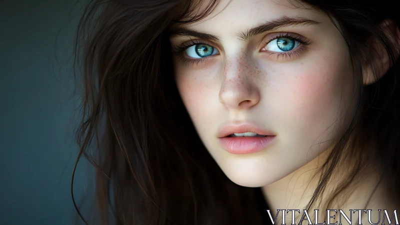 Close-up portrait with luminous blue eyes and soft freckles.