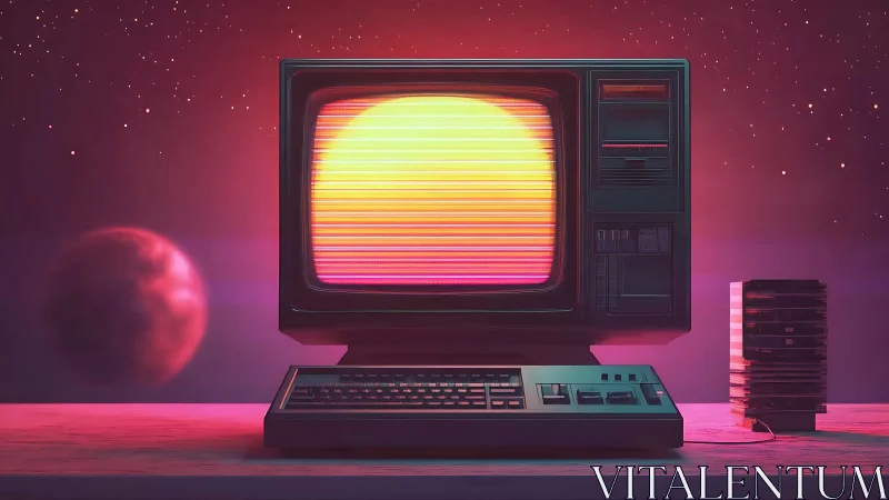 Retro desktop computer with sunset display and planets.