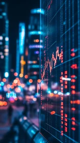 Neon city skyline reflects in digital stock trading chart.