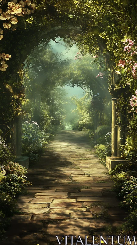 Sunlit stone walkway beneath an enchanted garden archway.