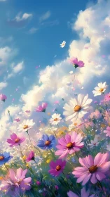 Field of cosmos flowers under cumulus cloud formations in bright daylight.