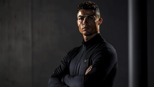 Focused athlete in sleek black jacket against moody light.