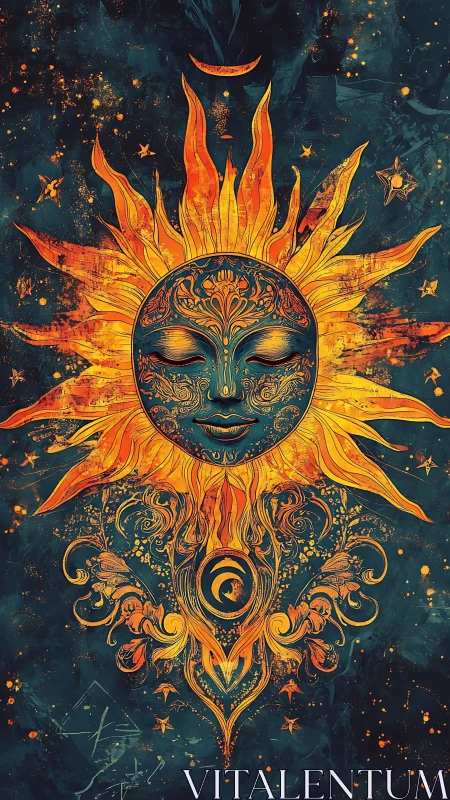 Celestial sun goddess portrait with ornate mandala flames.