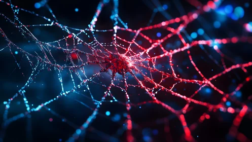 Futuristic glowing spider web in neon red and blue digital art.