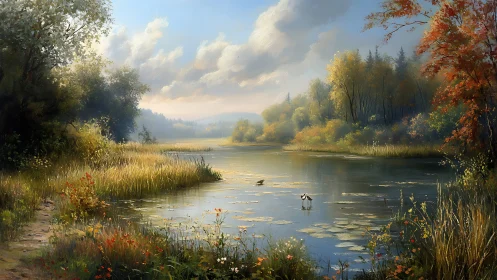 Sunlit autumn river bend with distant hazy hills panorama.