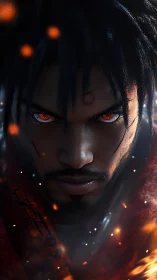 Ember-eyed warrior emerges from darkness in burning focus.