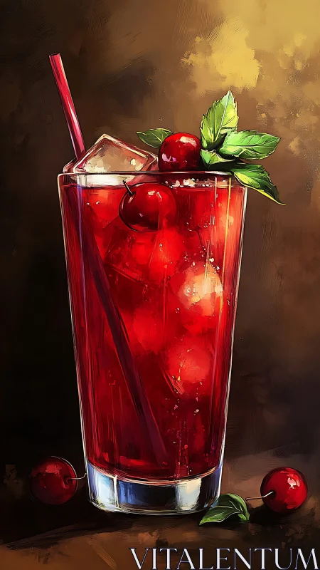 Crimson Beverage with Iced Cherries and Mint Garnish. Digital Rendering.
