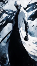 White haired swordsman channels shadow energy in snowstorm.