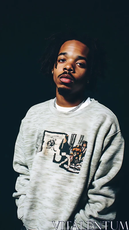 Moody portrait highlights streetwear sweatshirt graphic.