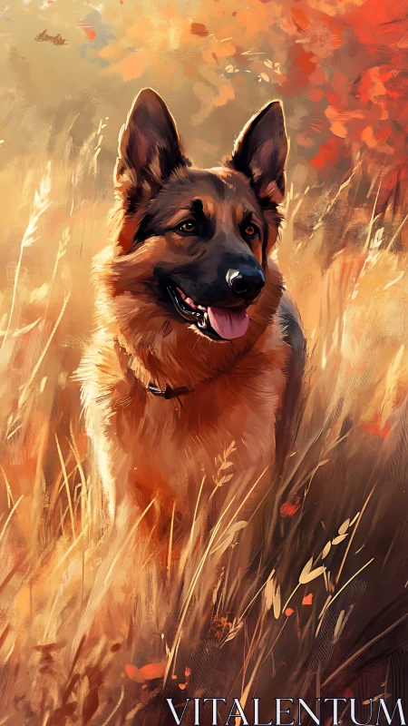 German shepherd stands in tall grass under warm backlighting