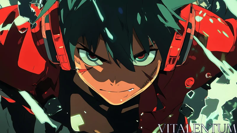 Determined anime hero in red armor charging forward.