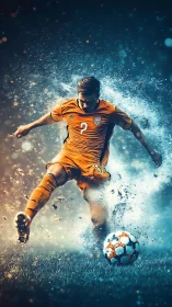 Soccer striker blasts ball through kinetic color storm.