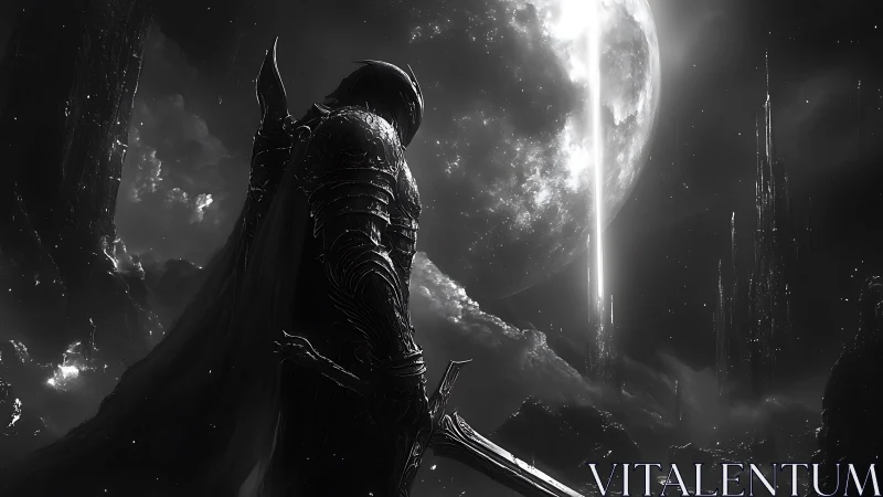 Dark armored warrior under moonlit beam in ruins.