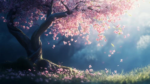 Dreamlike cherry blossom tree glows in soft morning light.