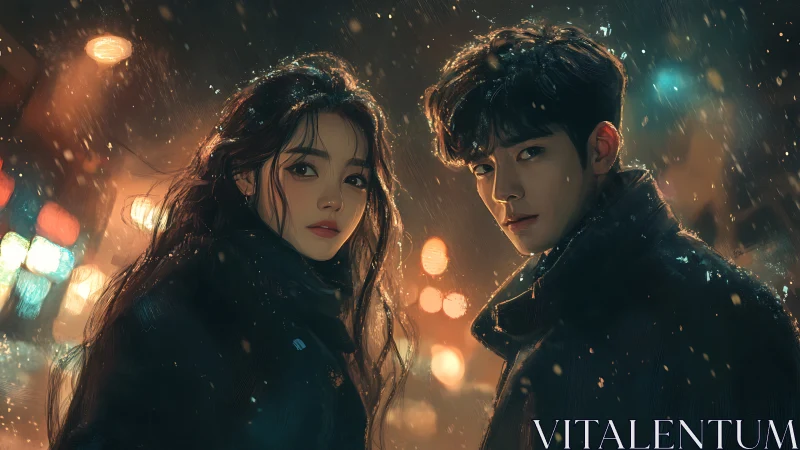 Cinematic winter street portrait of couple in falling snow