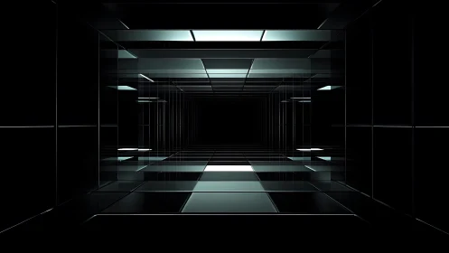 Futuristic Dark Glass Hallway with Reflections and Neon Lighting.