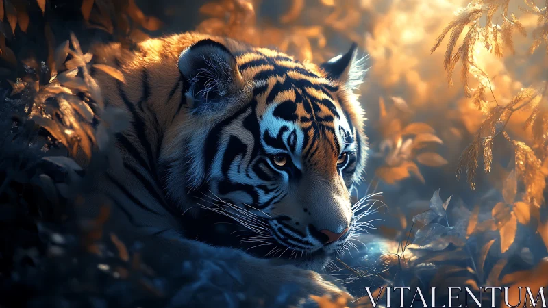 Twilight tiger dreaming in molten gold and moonlit shadow.