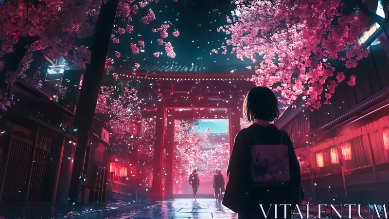 Girl beneath neon blossoms in a glowing spring street.