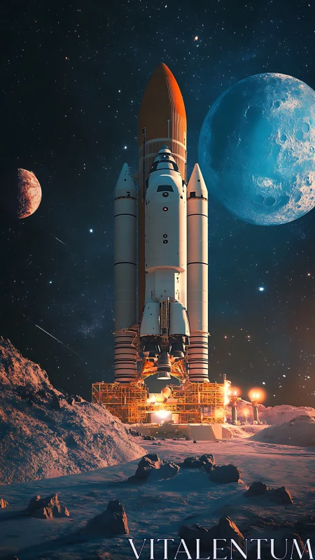 Photorealistic lunar launchpad with shuttle and twin moons.