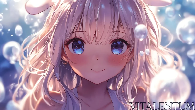 Gentle anime girl glowing among dreamy floating bubbles.