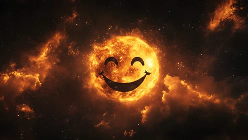 Sun Face Silhouette with Fiery Atmosphere Effect.