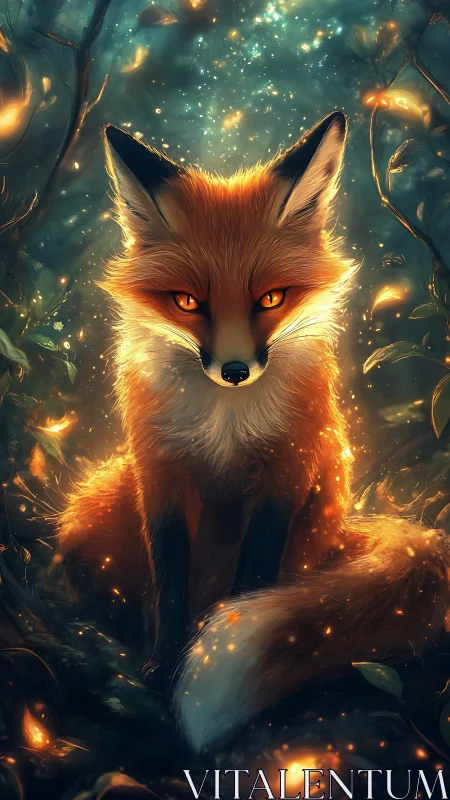 Luminous fox portrait in enchanted teal and amber forest glow.