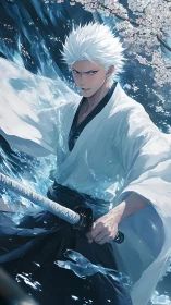 White-haired swordsman commands water beneath cherry blossoms