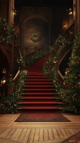 Grand Victorian staircase adorned with rich Christmas garlands