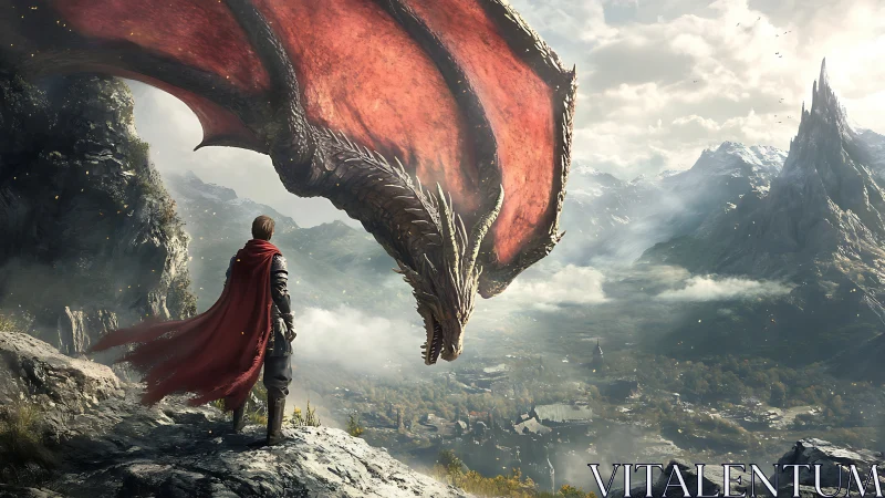 Dragon rider overlook commands misty valley from cliff edge.