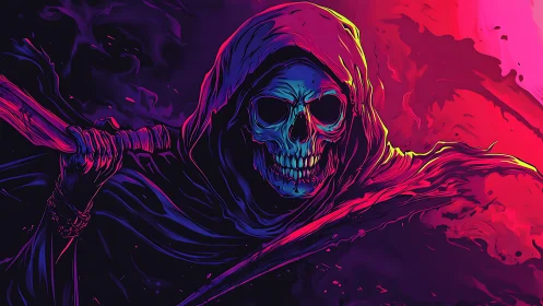 Neon reaper lunges through swirling magenta and cyan flames.