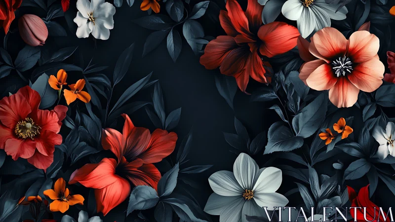 Dark botanical floral pattern with vivid red highlights.