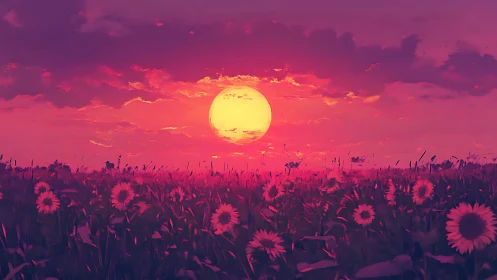 Chromatic sunflower field under overscaled low-horizon sunset disk