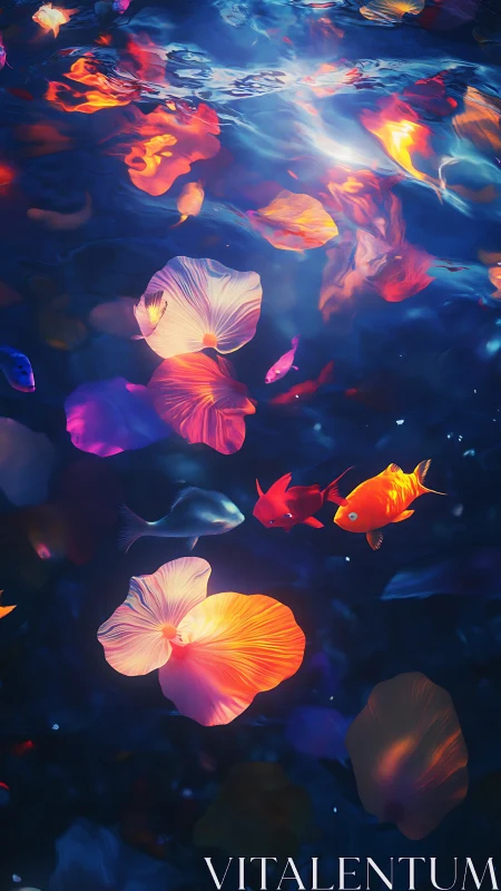 Bioluminescent aquatic organisms in darkened water environment.