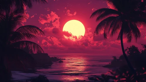 Neon dream sunset ignites a tranquil tropical shoreline.