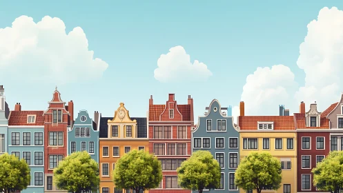 Row of stylized Dutch canal houses under clear sky.