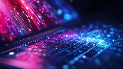 Neon keystream cascade across a dreaming laptop deck.