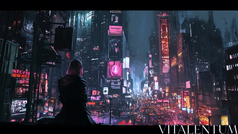 Solitary watcher above neon-drenched cyberpunk avenue at dusk.