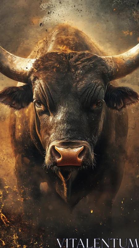 Defiant bull emerging through embers and swirling smoke.