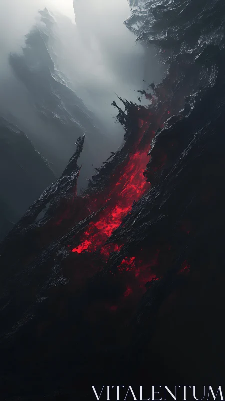 Crimson faultline burns through a shrouded abyss of stone.