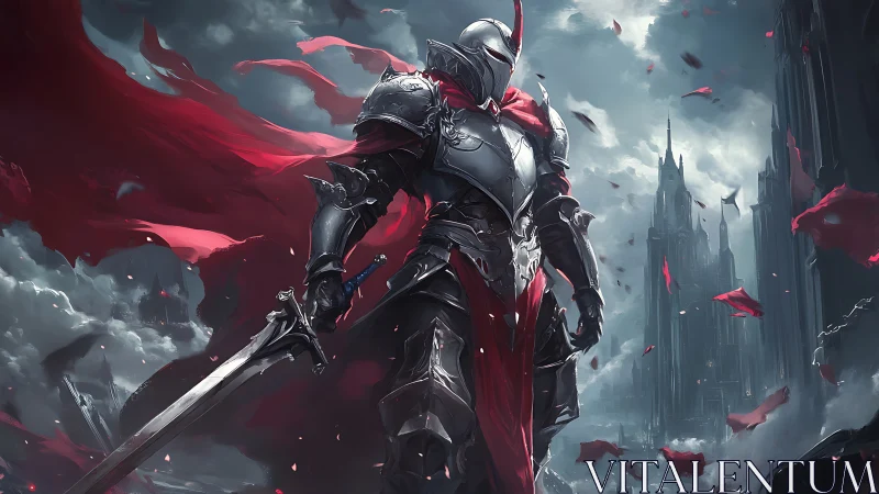 Armored knight stands amid stormy gothic ruins with sword drawn