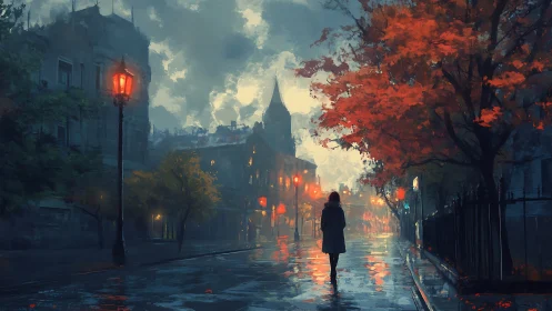 Digital painting of solitary figure on rainlit autumn street.